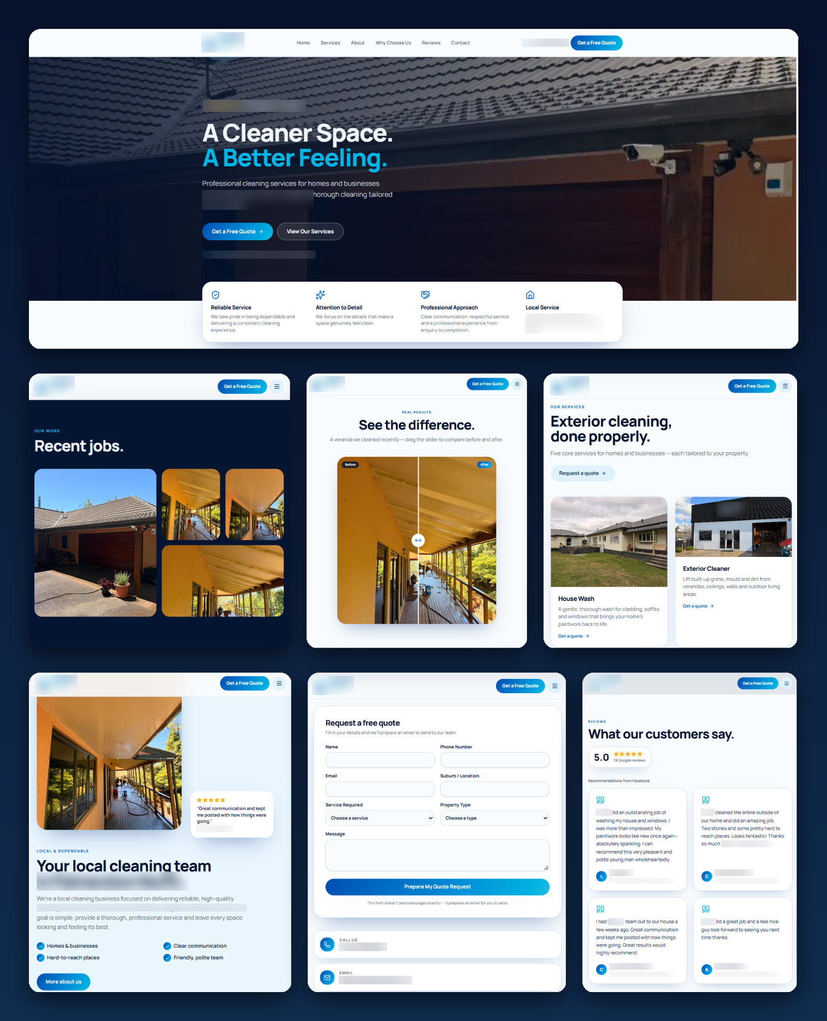 Website design for a local cleaning business, including services, work gallery, reviews and quote inquiry form
